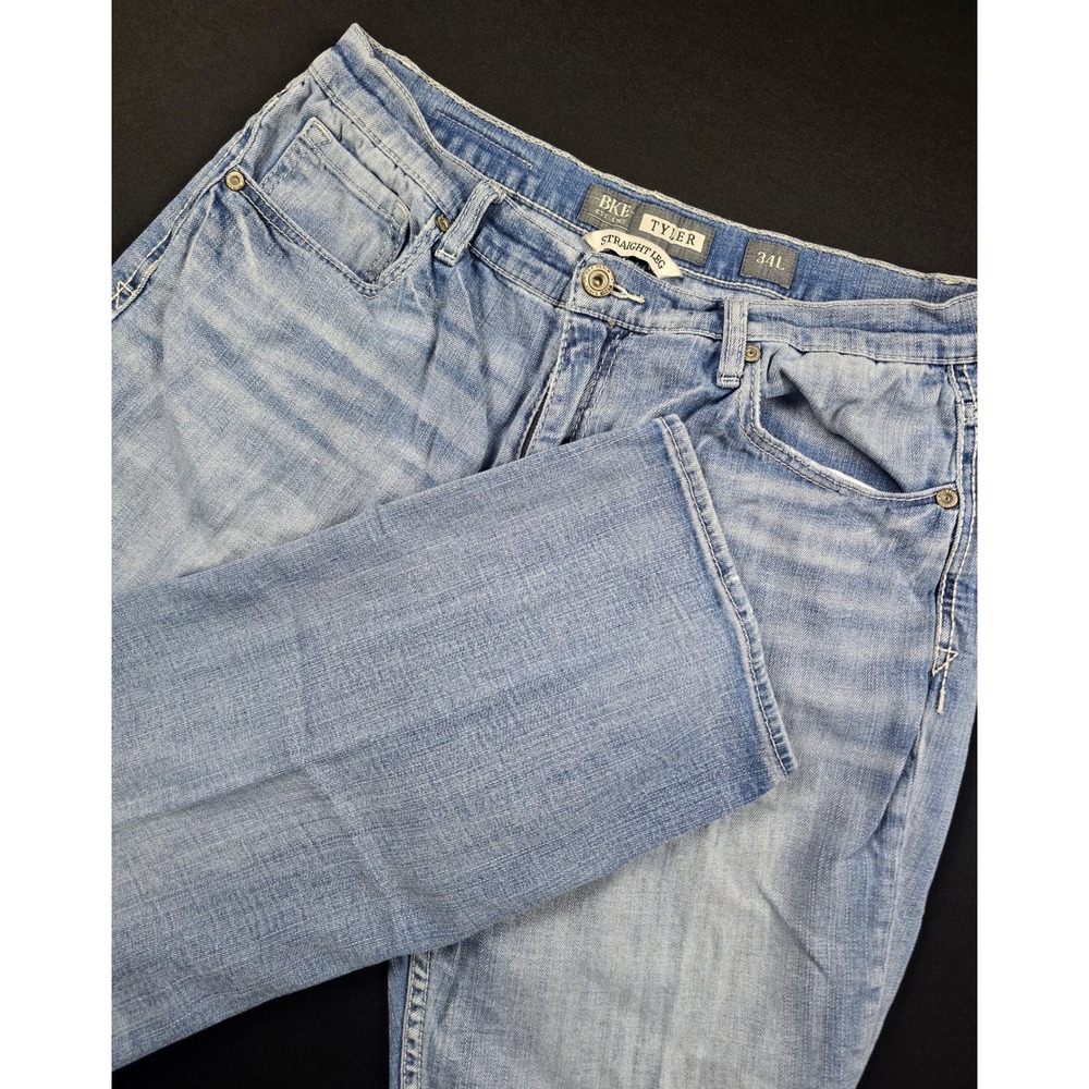BKE Tyler Straight Leg Jeans Mens 34L Light Wash Denim Stretch Blue Pants